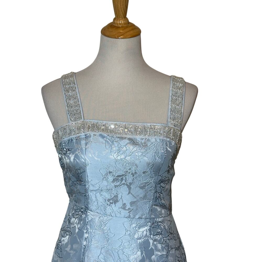 Blue Jacquard Sequin Corset Back Removable Bow Dress Long Gown Sz S - Picture 7 of 16
